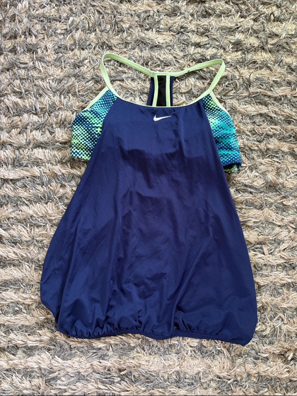 Nike Women’s Athletic Navy Tank with Teal Pattern and Lime Trim Sports Bra S